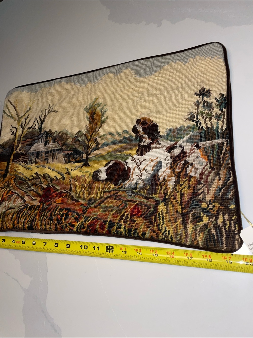 Needlepoint Hunting Scene Pillow Cover — Dogs in Field, Tan & Brown - Picture 6 of 9